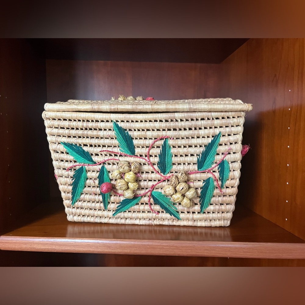 Large Vintage Woven Floral Accent Basket Trinket Box Boho Farm House Decor